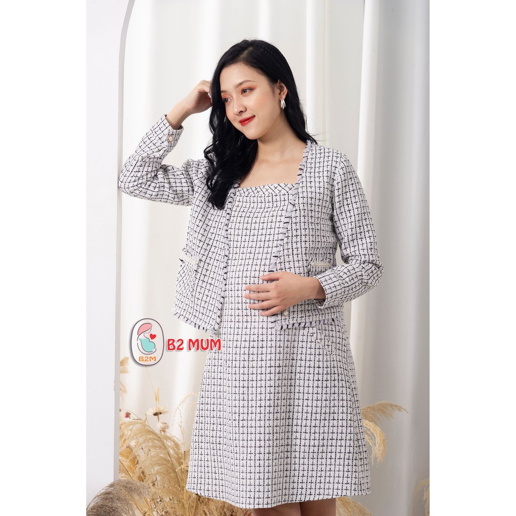 Set Váy bầu chất dạ mềm mại thoải mái họa tiết text kẻ sang trọng dành cho các mẹ bầu mặc đi tiệc, dạo phố B2 MUM