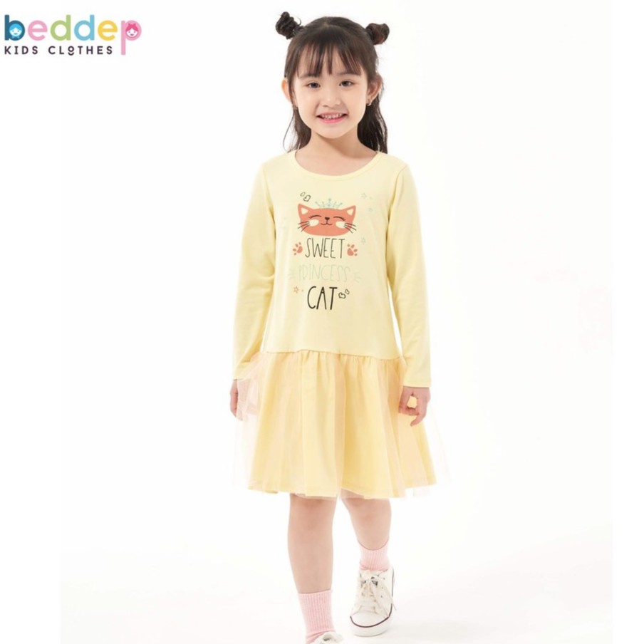 Váy bé gái dài tay chất thun cotton in hình mèo con dễ thương thời trang thiết kế cao cấp Beddep Kids Clothes GV34