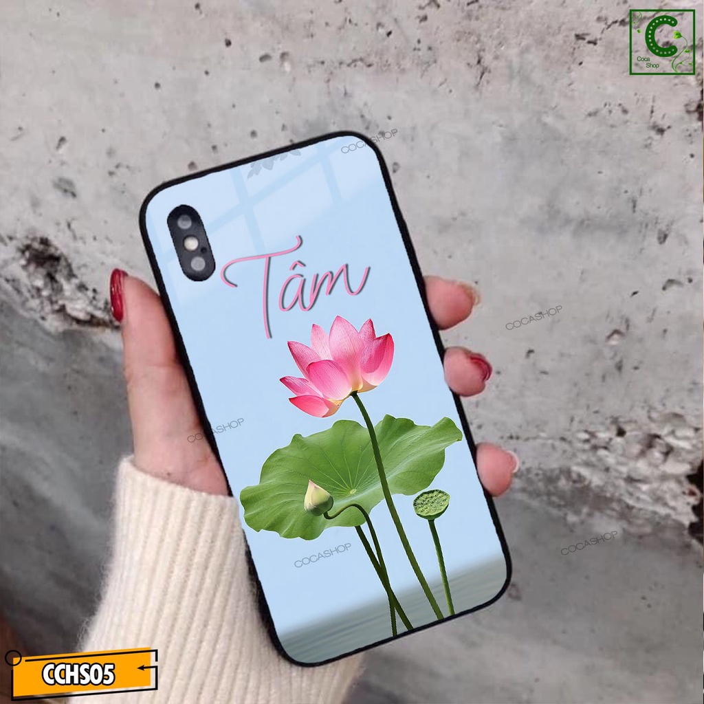 Ốp lưng iphone mặt kính in hình siêu nét  - Đóa sen chữ Tâm  - 6/6plus/6s/6splus/7/7plus/8/8plus/x/.....