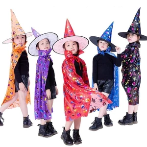 Set 2 chi tiết Mũ và choàng halloween lấp lánh 7 sắc cho bé gái bé trai hóa trang phù thủy