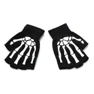 Ấm cúng Tập Đi Trẻ Em Halloween Skeleton Skull Găng Tay Nửa Ngón Phát Sáng Trong Bóng Tối Dạ Quang Ngón Co Giãn Dệt Kim Mitte