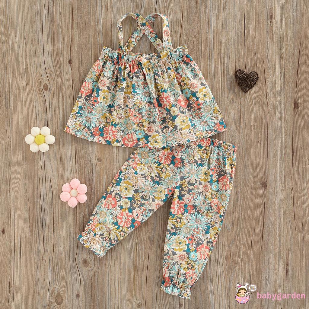 Bộ Áo Hai Dây Hở Lưng + Quần Dài Lưng Thun In Hoa Thời Trang Mùa Hè Cho Bé Gái 1-6 Tuổi