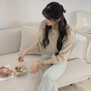 Áo Sơ Mi Nữ Dài Tay Cổ Tròn Sọc Caro Thời Trang Hàn Quốc