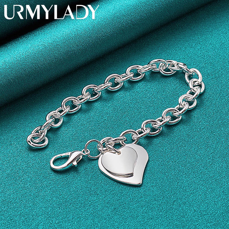Bạc 925 Đôi Trái Tim Mặt Dây Chuyền Vòng Tay Dây Xích Dành Cho Người Phụ Nữ Quyến Rũ Cưới Đính Hôn Thời Trang Đảng Trang Sức