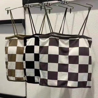 Áo len nữ hai dây kẻ ô, mongtoghi style hàn quốc cực teen