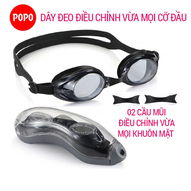 Bộ kính bơi người lớn nam nữ mắt trong POPO 1153 kèm mũ bơi trơn, bịt tai kẹp mũi chống tia UV