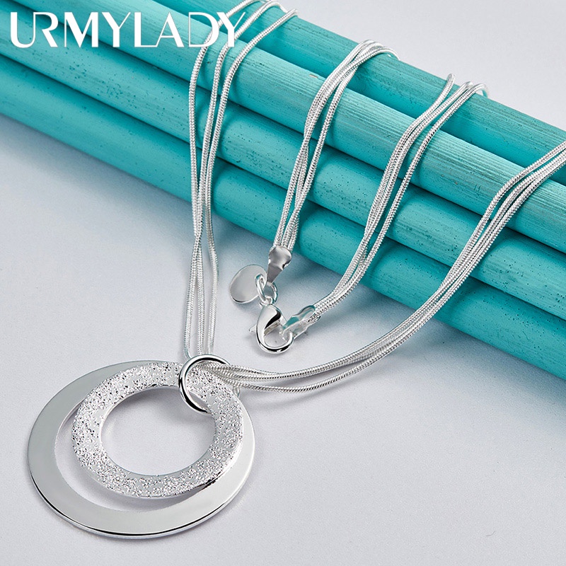 URMYLADY Bạc 925 Đôi Vòng Tròn Mặt Dây Chuyền 18 Inch Rắn Dây Chuyền Vòng Cổ Cho Nữ Cưới Thời Trang Dự Tiệc Trang Sức