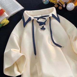 Áo thun ngắn tay cổ POLO phong cách Preppy Áo thun nam dáng rộng hợp thời trang Thiết kế phong cách Hồng Kông Áo sơ mi Polo tay ngắn có dây rút Ve áo hàng đầu
