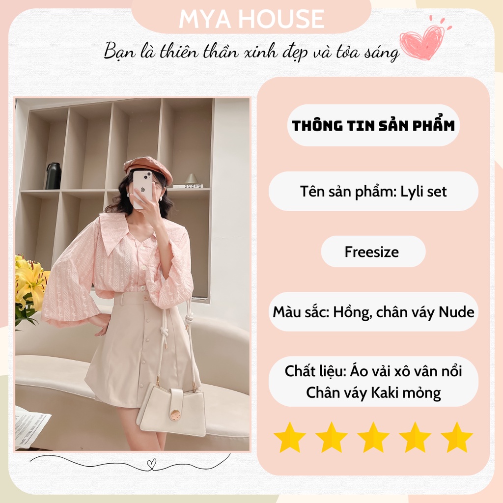 Áo xô nổi tay phồng cổ én chân váy nút MYA HOUSE