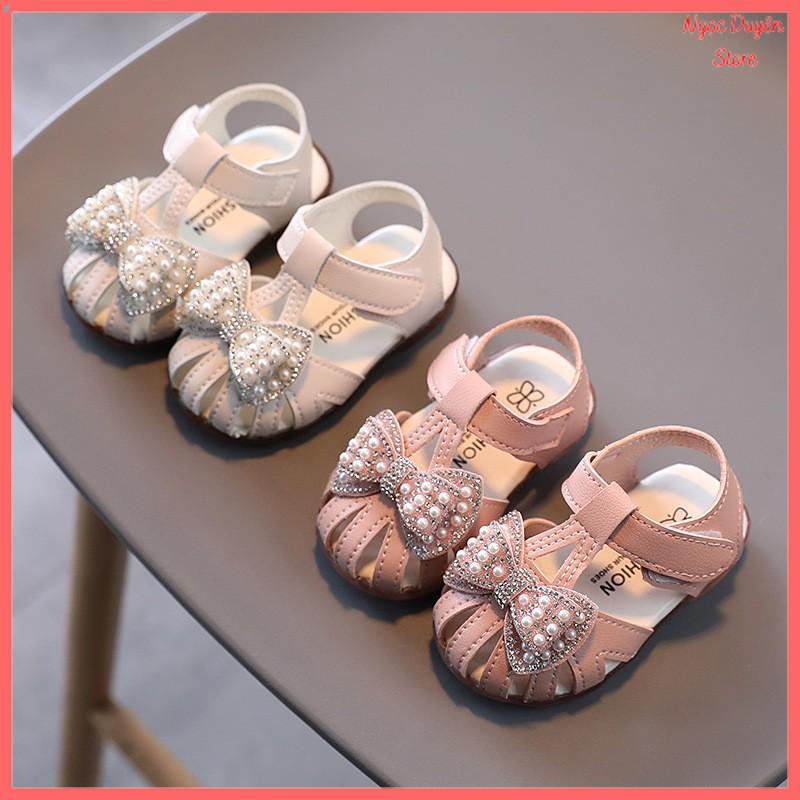 Dép sandal cao cấp tập đi trẻ em phối nơ phong cách vintage chống vấp cho bé gái [A10]