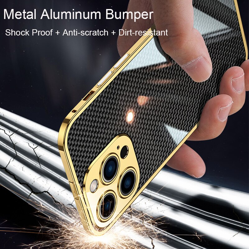 Ốp Lưng Kim Loại Phim Sợi Carbon Cho iPhone 13 Pro MAX 12 Pro Mini 11 Mạ Ốp Lưng Nhôm Khung 11 Pro MAX Bảo Vệ Camera Vỏ Điện Thoại Cho iPhone 12