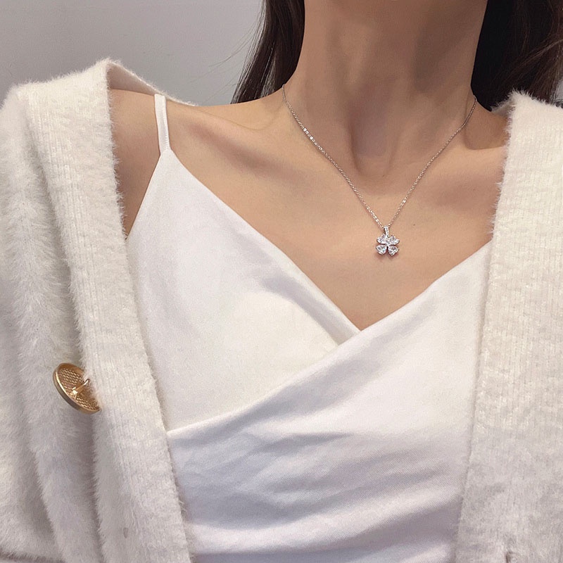 Vòng cổ Mạ Bạc Mặt Hoa Đính Đá Zircon Đơn Giản