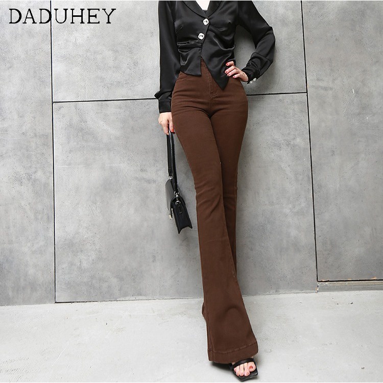 Ảnh Quần jean DADUHEY ống loe gấu ngắn lưng cao dáng ôm co giãn màu nâu phong cách retro cho nữ 4