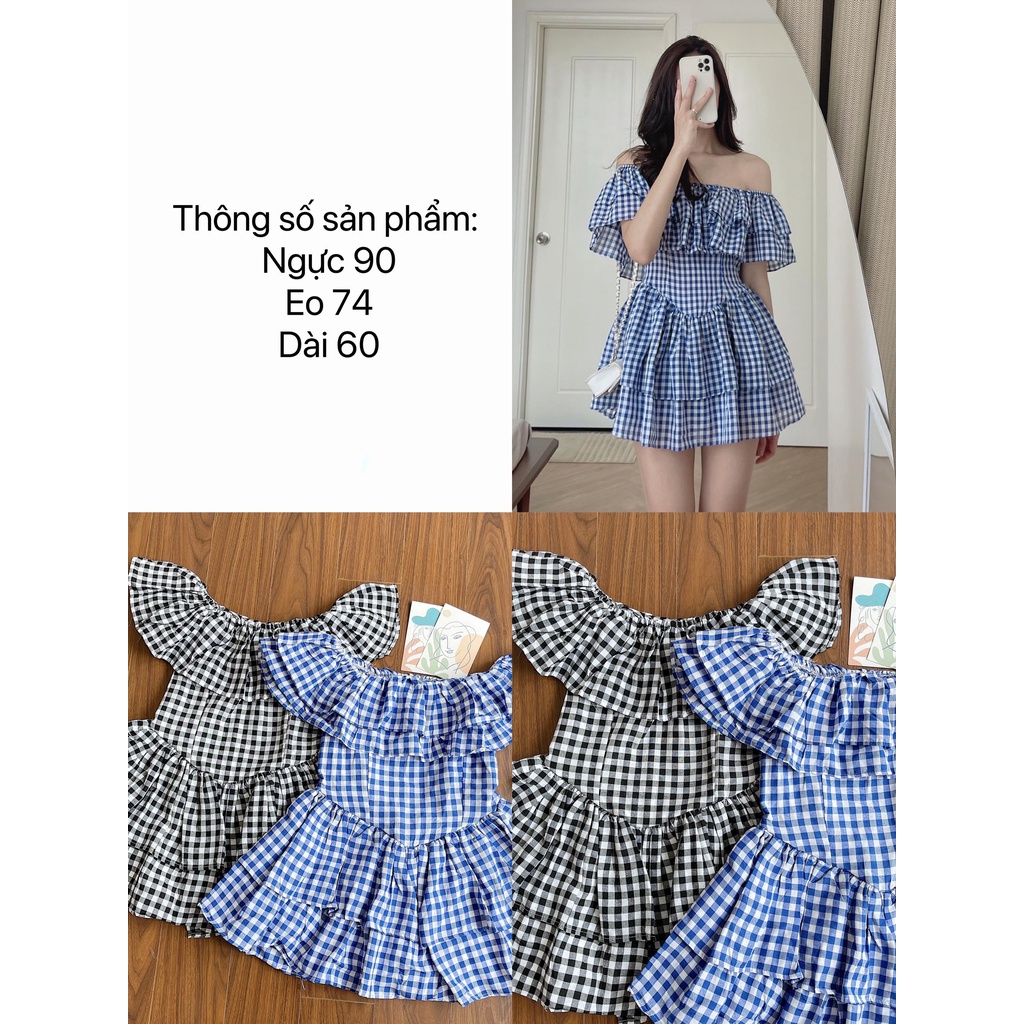 ĐẦM TRỄ VAI XÒE CARO XANH VÀ ĐEN SIÊU XINH - CARON DRESS