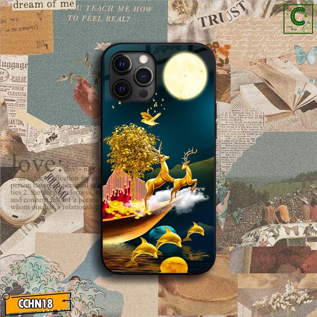 Ốp lưng iphone mặt kính cao cấp  - Đôi hươu vàng may mắn chơi trăng  - 6/6plus/6s/6splus/7/7plus/8/8plus/x/.....
