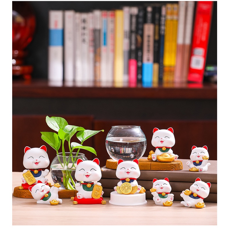 Bộ decor Mèo thần tài may mắn kết hợp cùng bình thủy sinh trang trí nhà, bàn làm việc góc học tập giúp mang lại may mắn