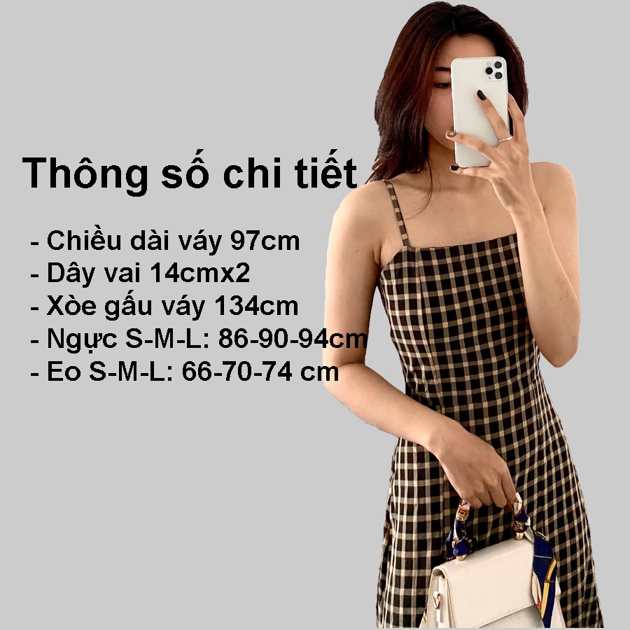 Váy 2 dây dáng dài đi biển Gorogi, váy body 2 dây kẻ caro, váy hai dây ôm thiết kế, maxi đi biển