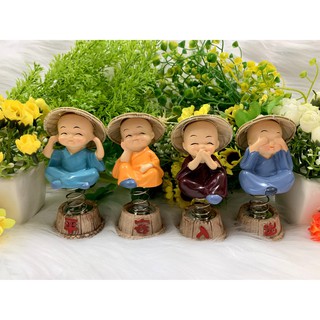 Bộ 4 tượng chú tiểu tứ không đội nón lá tọa đế lò xo ( Hình Thật - Video Thật )