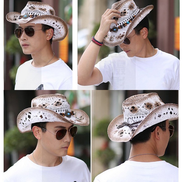 Ống hút mũ cao bồi phương Tây - Bohemia thoáng khí rỗng - Bãi biển mùa hè Mặt trời rộng vành Fedora Trilby Mũ chống nắng rơm