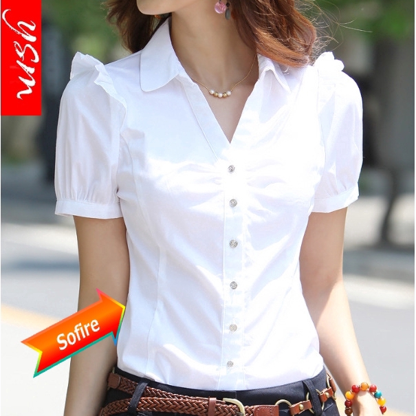 Áo Sơ Mi Tay Ngắn Dáng Ôm Hoạ Tiết Đôi Cánh Màu Trắng / Xanh Dương Size S-5xl Thời Trang Công Sở Mới Cho Bạn Gái