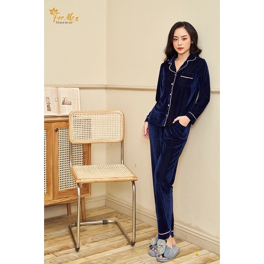Bộ mặc nhà Pijama quần ,tay dài chất liệu Nhung Tăm dày dặn mềm mịn ấm bền màu hãng ForMe