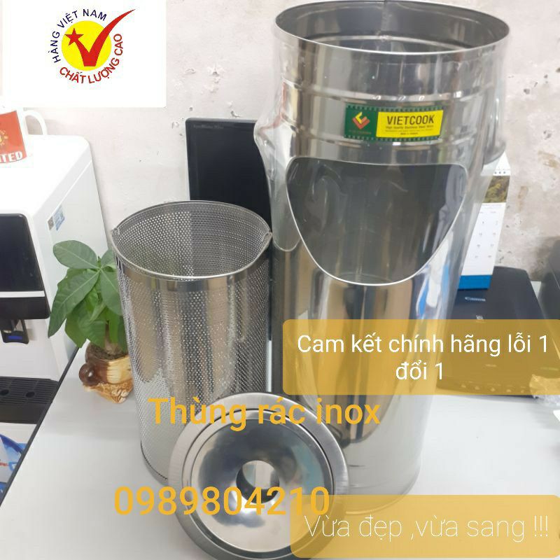 Thùng rác inox cao cấp có gạt tàn (23/61cm)Inox 304,thùng rác inox dạng ...