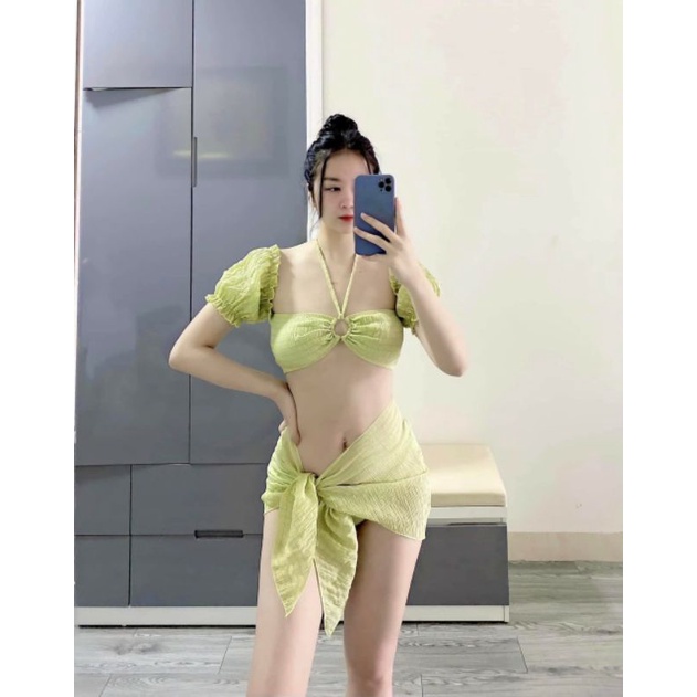 [Sẵn Hàng] Bikini đồ bơi 3 mảnh tay bồng phối khoen thun nhún vải xốp thái