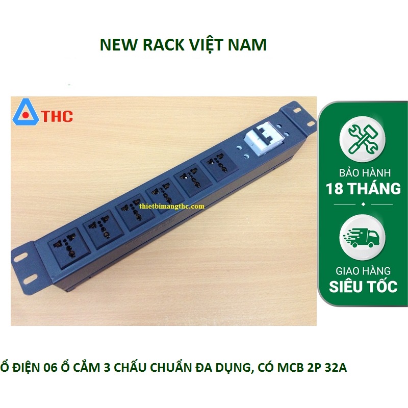 Thanh nguồn điện PDU 6 cổng 3 chấu đa năng lắp tủ mạng CÓ MCB 2P 32A ...