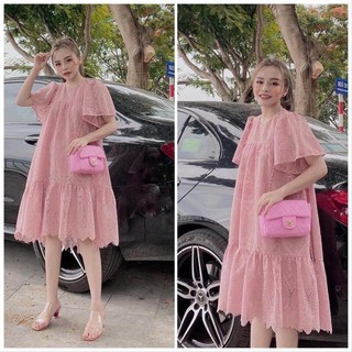 Đầm bầu đuôi cá Viba [VB108]  thiết kế dáng đuôi cá màu hồng ruốc vải ren đẹp 2 lớp