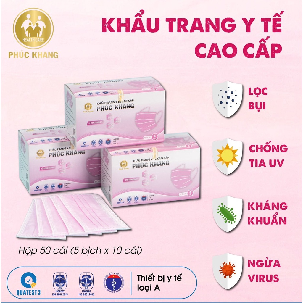 Ảnh Khẩu trang y tế 4 lớp cao cấp PHÚC KHANG có giấy lọc kháng khuẩn màu trắng, hồng hộp 50 cái - MEDICAL 4