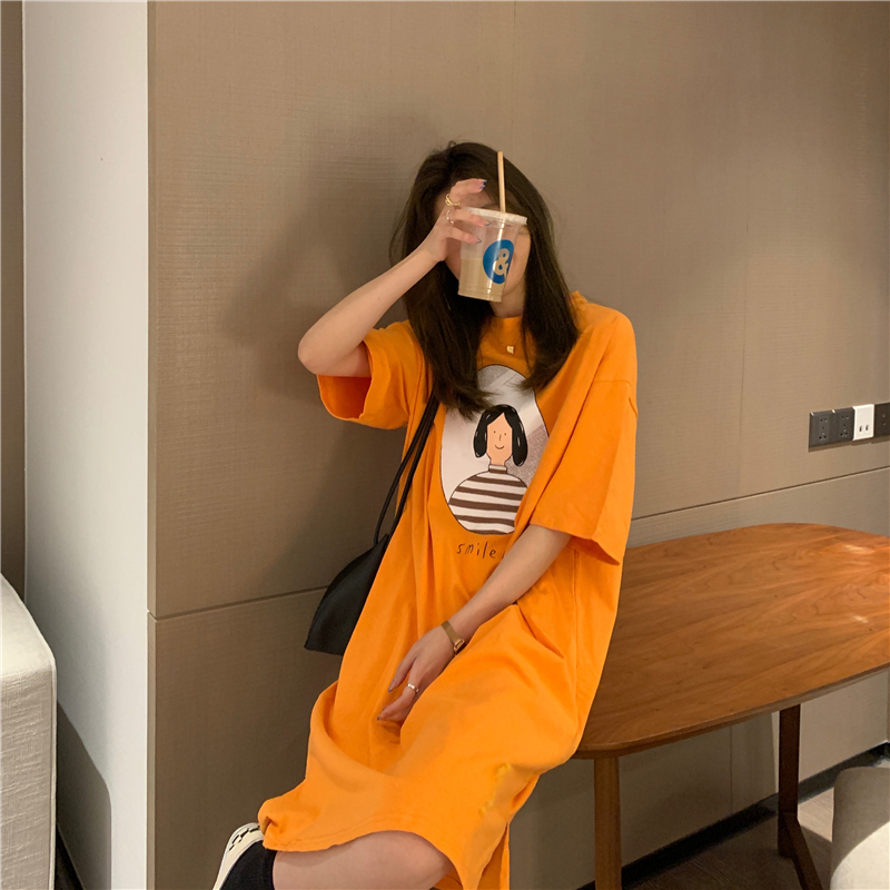 SUXI Đầm midi ngắn tay cổ tròn in họa tiết xinh xắn theo phong cách Hàn Quốc
