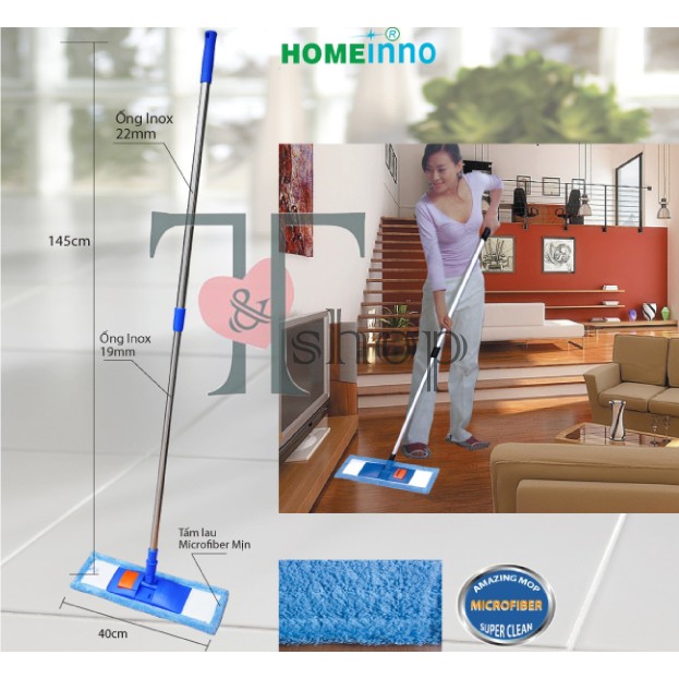 Cây Lau Nhà Inox 40cm Bản Nhựa Cài Homeinno Tấm Lau Dạng San Hô / Mịn Cán Rút Thu Ngắn 90cm Dài Ra 1m4
