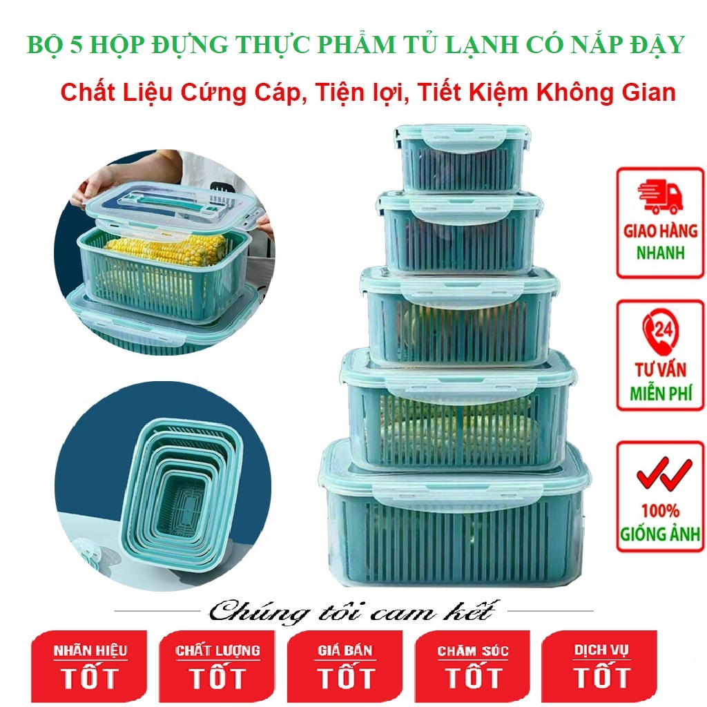 Bộ 5 hộp đựng thực phẩm, đựng đồ đa năng 2 ngăn có nắp đậy cao cấp