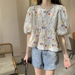Phong Cách Hàn Quốc Nữ Nữ Thêu Rời Hoa Puff Áo Sơ Mi Tay Ngắn Áo Baju Baju Wanita Lengan Panjang Hàng Mới Sẵn Có