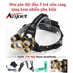 Đèn Pin Đội Đầu 5 Bóng Led T6- Siêu Sáng, Kèm 2 Pin, Kèm Sạc LOẠI TỐT S.T