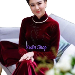 Áo dài nhung truyền thống cách tân đỏ đô may sẵn