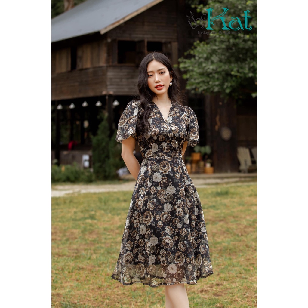 Đầm Hoa Cổ V The Kat House, chất vải mềm mịn, siêu nhẹ, thanh lịch nhiều size nhiều màu
