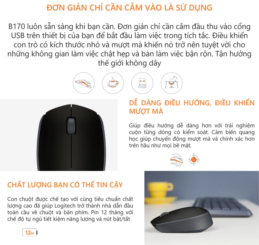 Mô tả Chuột không dây Logitech B170 - USB, nhỏ gọn, thuận cả 2 tay, phù hợp PC/Laptop - 1