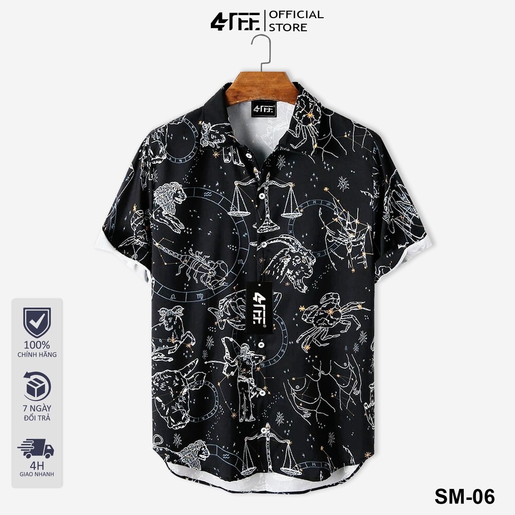 Áo sơ mi nam/nữ hoạ tiết 4TEE tay ngắn vải lụa thấm hút, thoáng mát, không nhăn SM-06