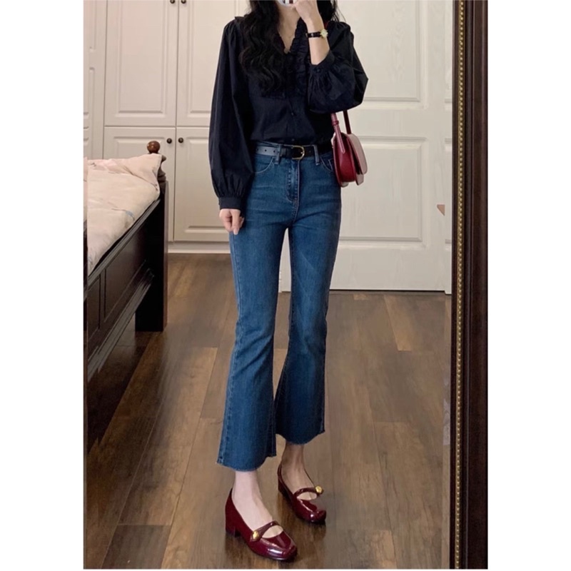 quần jeans bò ống loe màu đen cao cấp cho nữ