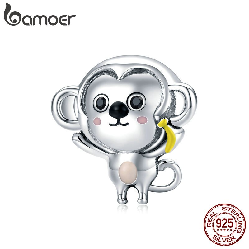 Hạt phụ kiện BAMOER SCC1575 bạc 925 họa tiết chú khỉ kim loại dễ thương dùng làm vòng tay/ trang sức thủ công