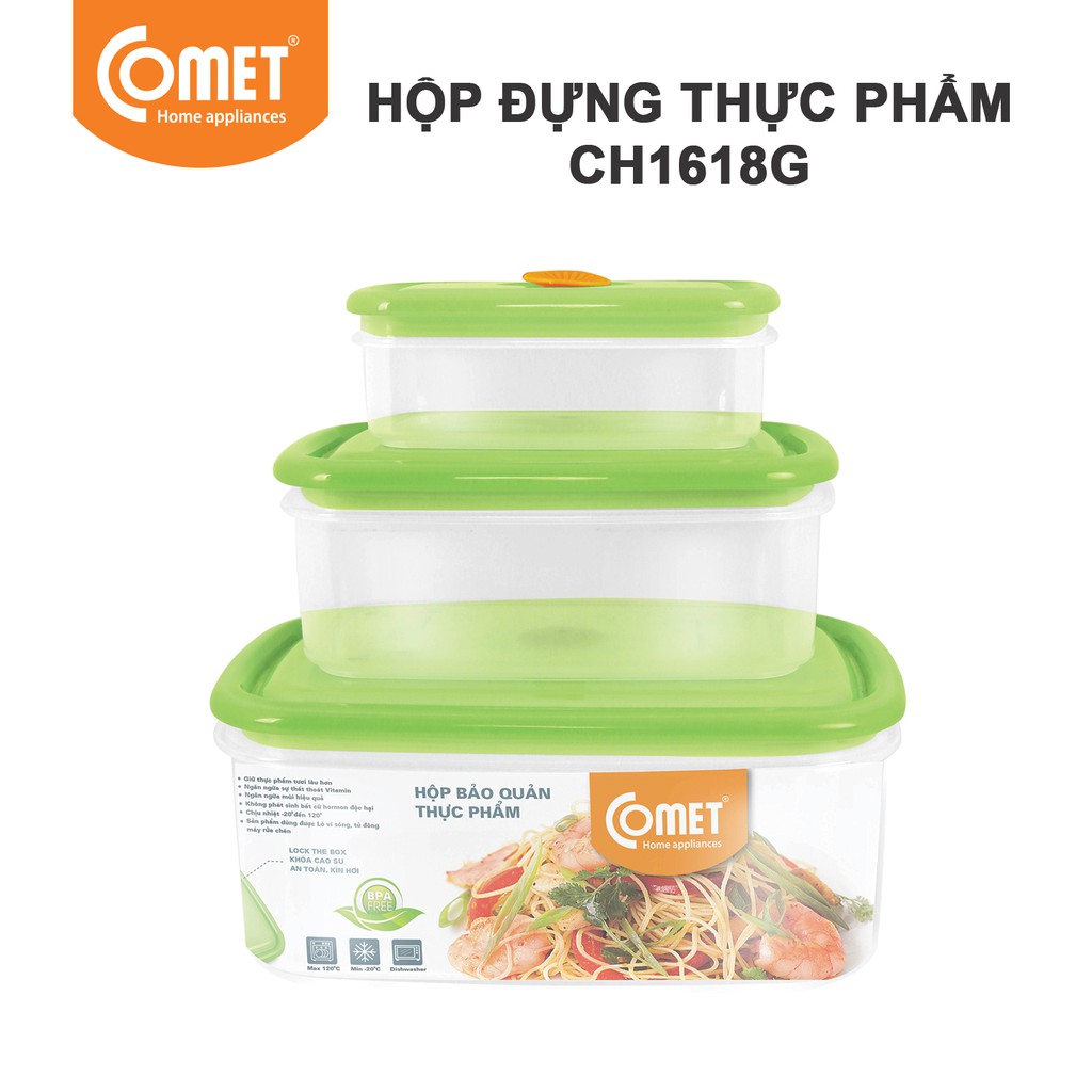 Bộ 3 hộp đựng thực phẩm nhựa chữ nhật COMET - CH1618