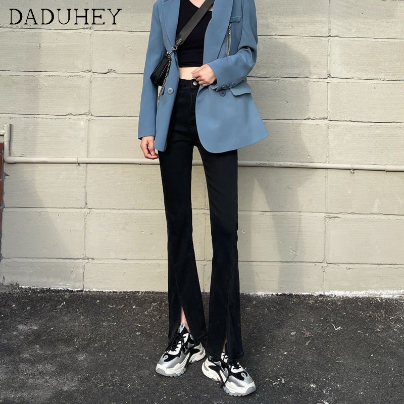 Ảnh Daduhey Quần jean dài ống loe lưng cao màu đen phong cách Hàn Quốc thời trang mùa hè dành cho nữ 2021 4