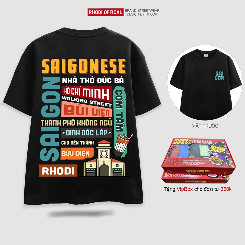 Áo thun local brand RHODI phông cổ tròn tay lỡ unisex nam nữ Sài Gòn đen 02
