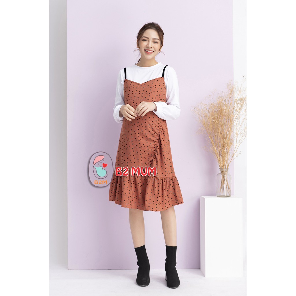 Yếm bầu dáng xuông họa tiết chấm bi chất nhung tăm B2 Mum V328