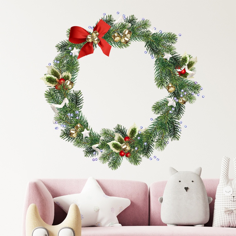 SHI Dễ Thương Giáng Sinh Vòng Hoa Dán Tường Bé Trẻ Em Phòng Khách Xmas Cây Vòng Hoa Decal Nhà Cửa Sổ Kính Tĩnh Trang Trí