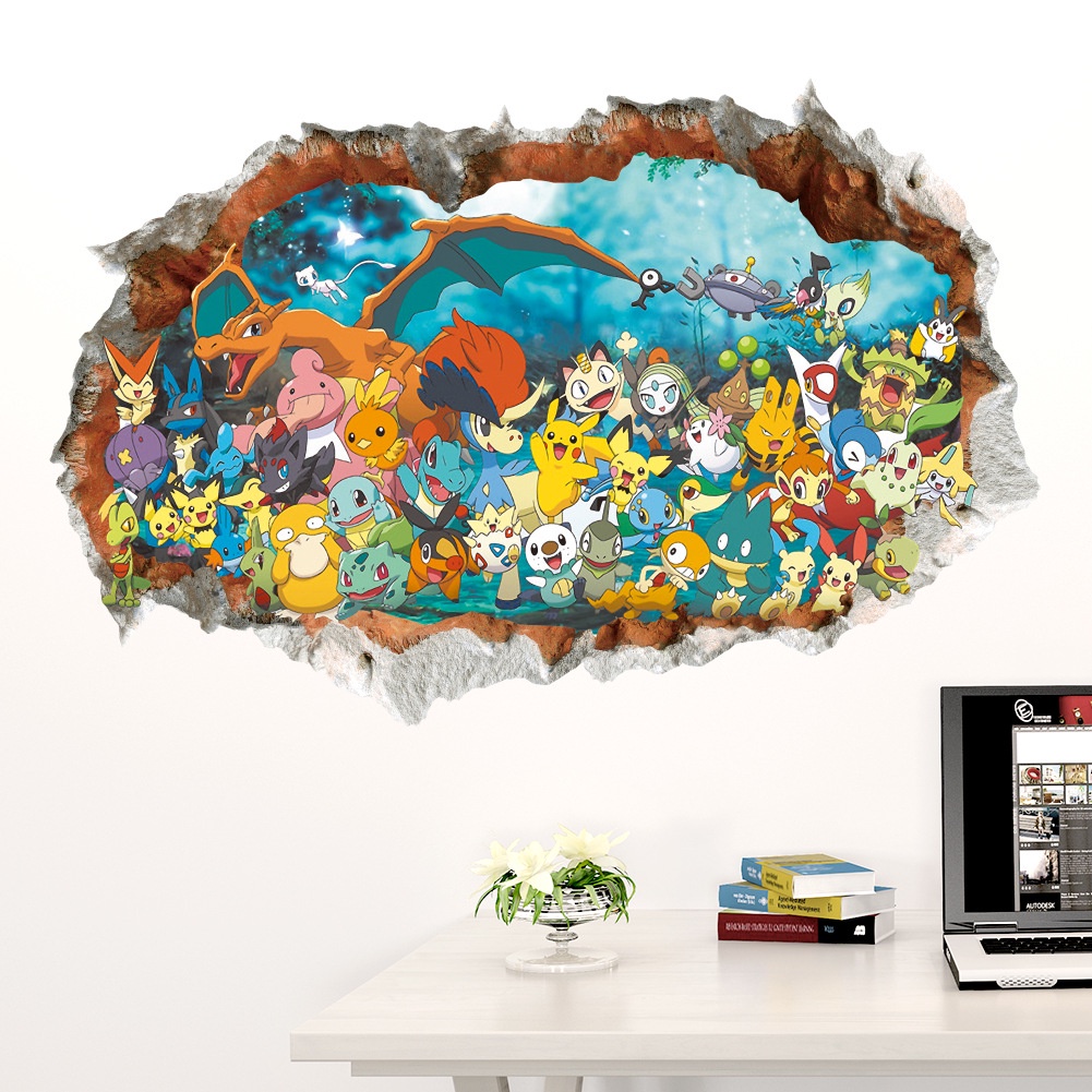 PS1 Pokemon anime Hoạt Hình Trẻ Em Phòng Ngủ Trang Trí Tường Graffiti Miếng Dán Pikachu 3d Lập Thể HD Dán SP1