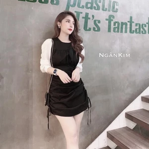 Váy Đũi Rút Hông phối Tay Voan