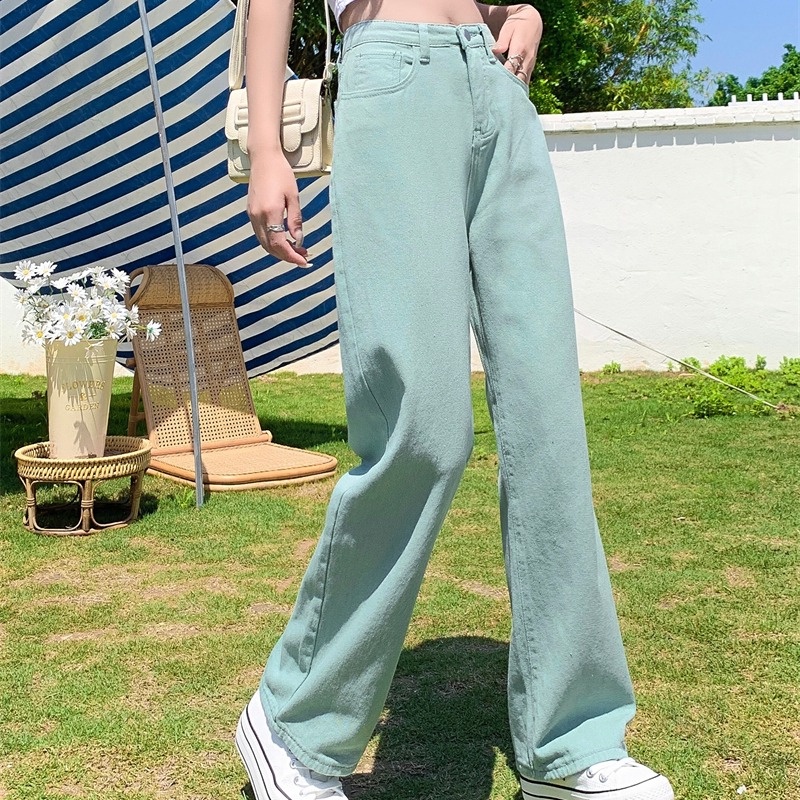 Quần jeans dài SUXI lưng cao ống rộng màu sắc đơn giản thời trang xuân hè cho nữ