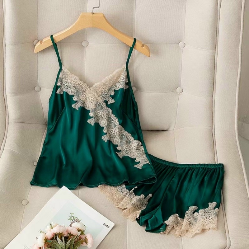 bộ ngủ hai dây ren chéo mềm mịn cao cấp Bộ mặc nhà sang chảnh thanh lịch